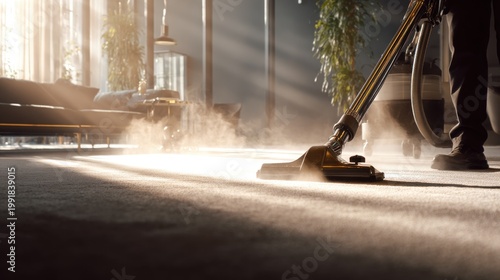 Professional carpet cleaning with vacuum cleaner in sunlit modern living room. Sunbeams illuminate dust particles disturbed by powerful vacuum cleaner during deep carpet cleaning session in home