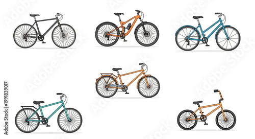 Collection of various bicycles displayed on a white background.