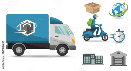 Delivery truck and courier on scooter with stopwatch and package.