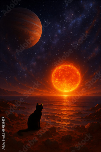 Silhouetted cat gazing at a glowing sun over the sea with distant planets and a star filled sky creating a mystical cosmic fantasy scene of wonder solitude imagination and dreamlike celestial beauty