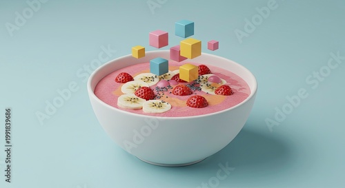 Whimsical Smoothie Bowl with Floating Geometric Shapes