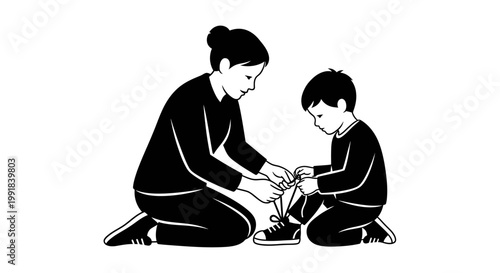 Mother teaching son to tie shoelaces illustration.