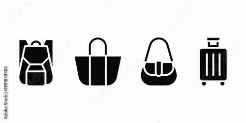 Set of travel bags and backpacks, luggage, handbags, women bag in glyph style.