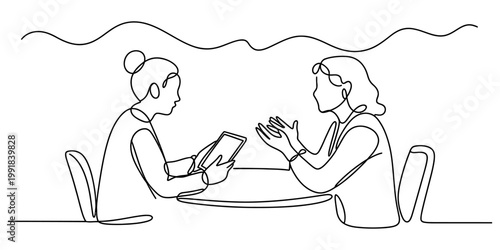 A single continuous line drawing of two women having a productive meeting at a small round table Vector, illustration