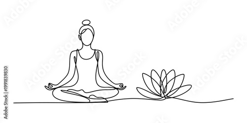 Minimalist one line drawing of a woman sitting in a lotus yoga pose next to a blooming flower Vector, illustration