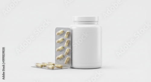 White Pill Bottle and Blister Pack of Capsules