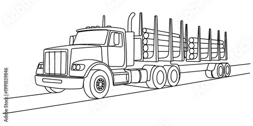 A simple black and white line drawing of a heavy duty logging truck carrying a stack of timber Vector, illustration