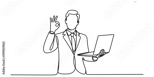 A single continuous line drawing of a businessman holding a laptop and gesturing an okay sign Vector, illustration