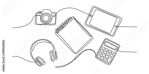 A continuous line drawing illustration featuring a collection of essential modern office gadgets Vector, illustration