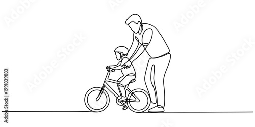 A continuous line drawing depicting a caring father teaching his young child to ride a bicycle Vector, illustration