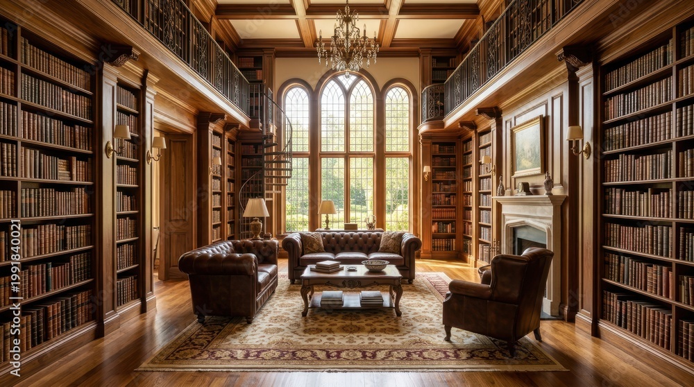 Obraz premium Luxurious library with floor-to-ceiling bookshelves and elegant leather seating