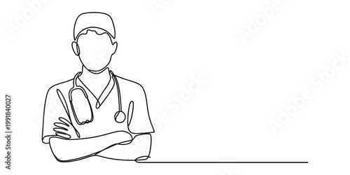 A single continuous line drawing of a male doctor wearing a stethoscope and scrubs looking ahead Vector, illustration