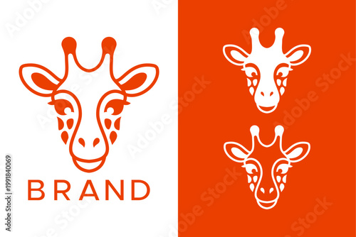 Modern Minimalist Giraffe Head Logo Design, Cute Orange Safari Animal Mascot Negative Space Vector Emblem