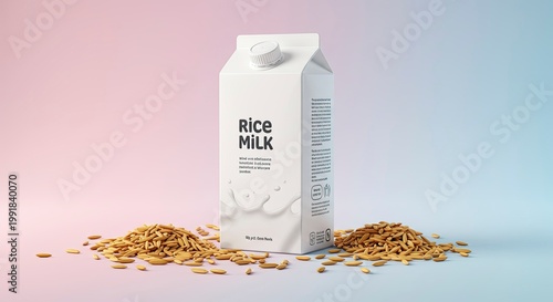 White Rice Milk Carton with Grains on Pastel Background
