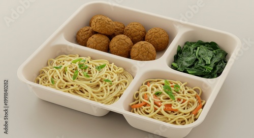 Wholesome Meal Tray with Meatballs, Noodles, and Greens