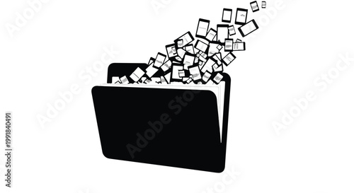 black folder with papers flying out