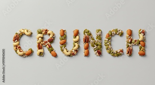 Word CRUNCH made from assorted nuts and seeds