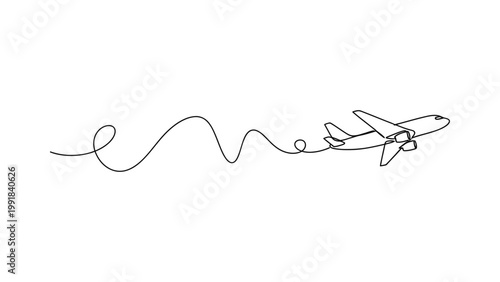 Continuous single line drawing of an airplane flying with a wavy flight path.