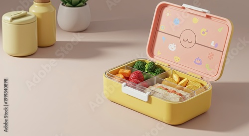 Yellow Bento Box Filled with Healthy Food and Cute Decorations