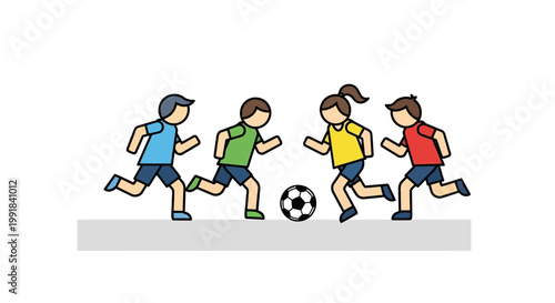 Children playing soccer game on a field.