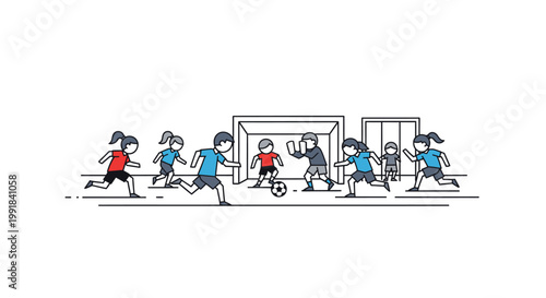 Children playing soccer game on field with goal.