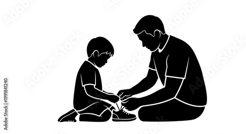 Father teaching son to tie shoelaces silhouette.