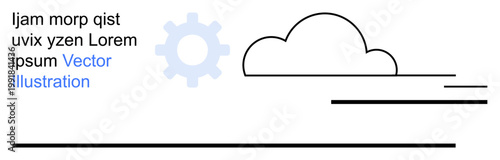Cloud technology, IT services, data storage, minimalist design, digital concepts, modern solutions. Gear symbol beside a cloud with linear accents. Cloud technology and IT services concept