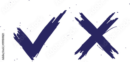 A pair of bold blue vector icons featuring a checkmark and an X-mark with a distressed, brush-stroke grunge texture.