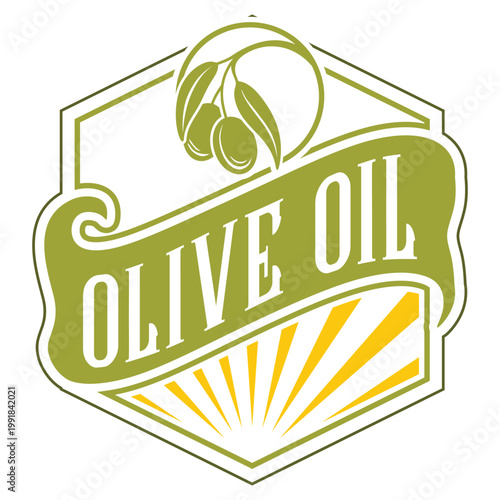Vintage olive oil label design with olive branch illustration and sunburst element in a classic green and yellow color palette, ideal for organic product packaging and branding.