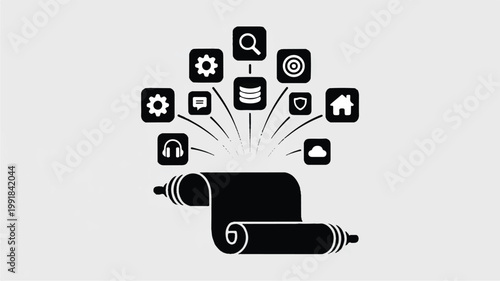 Black and white internet technology concept with scroll and icons