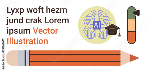 Artificial intelligence, education, learning tools, writing, creative thinking, digital learning. Circuit brain with AI text, graduation cap pencil and progress bar. Education and artificial