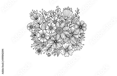 Flower Doodle Style Background Vector Sticker. Simplified Clean Lines and High Contrast Pattern for Design.