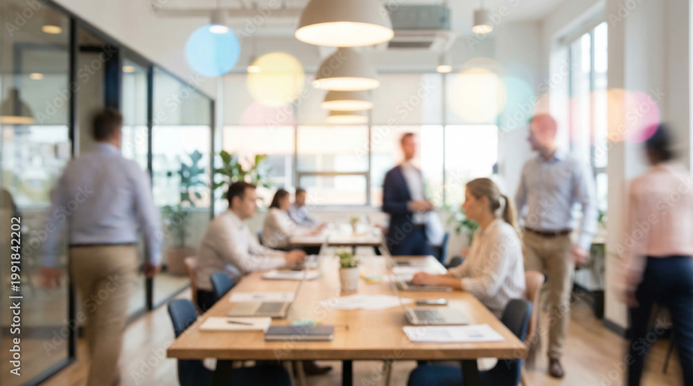 Fototapeta premium Blurred corporate board meeting in modern glass conference room with business professionals, ideal for background use, teamwork concept, corporate environment, leadership, and business strategy.