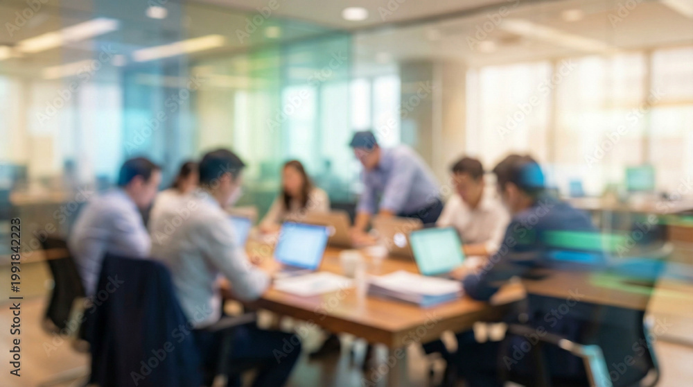 Fototapeta premium Blurred corporate board meeting in modern glass conference room with business professionals, ideal for background use, teamwork concept, corporate environment, leadership, and business strategy.