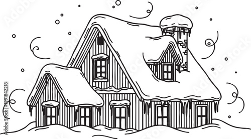 Winter cottage house covered in snow with icicles line art illustration architecture building seasonal minimalist isolated blizzard residential suburban property landscape