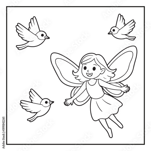 Cute Fairy Coloring Page Illustrations Vector Line Art