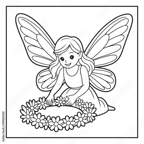 Cute Fairy Coloring Page Illustrations Vector Line Art