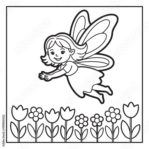 Cute Fairy Coloring Page Illustrations Vector Line Art