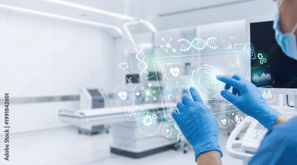 Fototapeta premium Future healthcare technology doctor analyzing patient data holographic interface with dna strands and heart monitor medical equipment laboratory research facility digital medicine