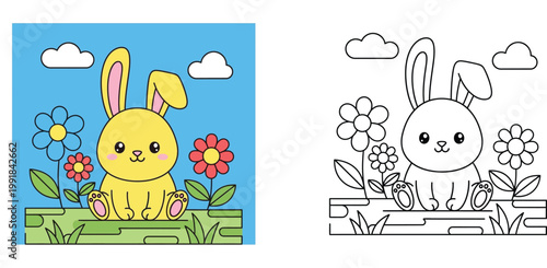 Cute Bunny Rabbit in Flower Garden Coloring Page for Kids - Kawaii Easter Bunny Vector Illustration Set with Colored and Line Art Versions for Educational Activity and Fun.