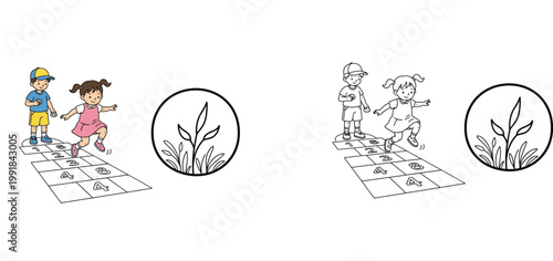 Kids Playing Hopscotch Coloring Page - Cute Girl and Boy Jumping Outdoor Activity Vector Illustration Set with Line Art and Colored Versions for School Educational Projects and Fun.