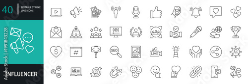 Influencer icon set. Containing follower, social media, promotion, passion, blogging, influence, content, community, marketing, ambassador, and more. Editable line icons. Vector illustration.