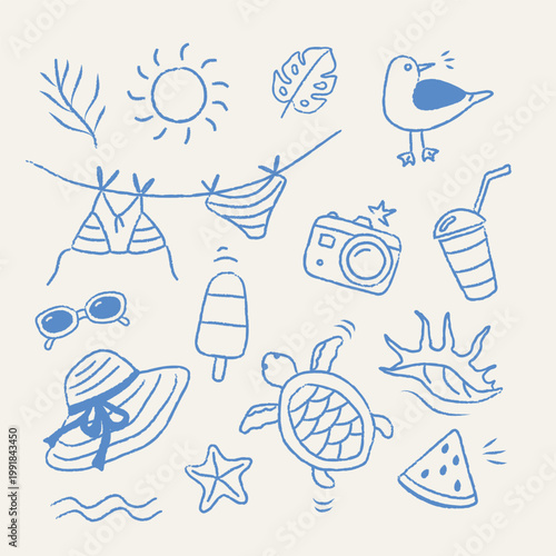 Hand drawn summer beach doodle set with bikini sun hat sunglasses camera drink watermelon sea turtle shell starfish playful blue line icons perfect for vacation cards posters packaging kids design
