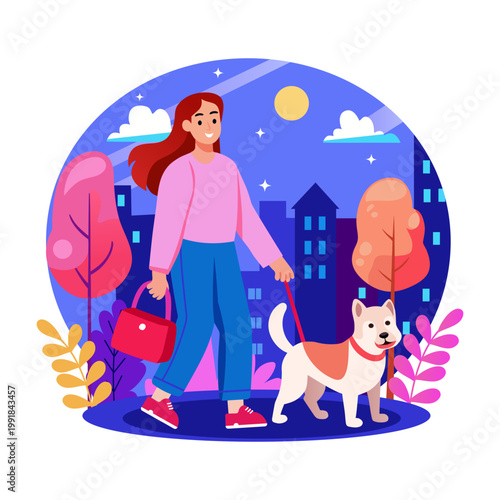 Flat illustration showing a woman walking dog
