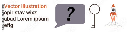 Startup growth, innovation, problem-solving, communication, technology, breakthrough ideas. Rocket launch, key speech bubble with question mark and placeholder text. Startup growth and innovation