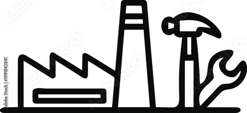A factory with a chimney and a hammer
