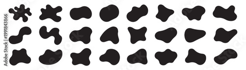 Organic liquid blob shapes, set of 24 black abstract fluid elements, minimalist amoeba silhouettes for modern graphic design and branding