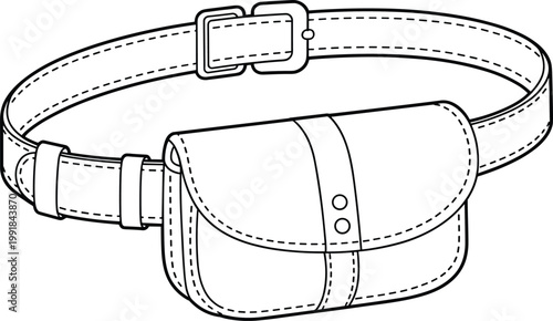 Flat vector illustration of belt bag with flap, buckle, adjustable strap