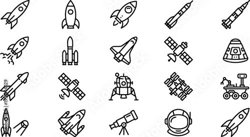 space exploration line icons set with rocket satellite shuttle rover astronaut telescope station capsule and spacecraft vector collection isolated on transparent background