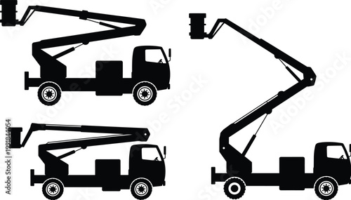 Flat vector illustration of bucket trucks with extendable arms in operation